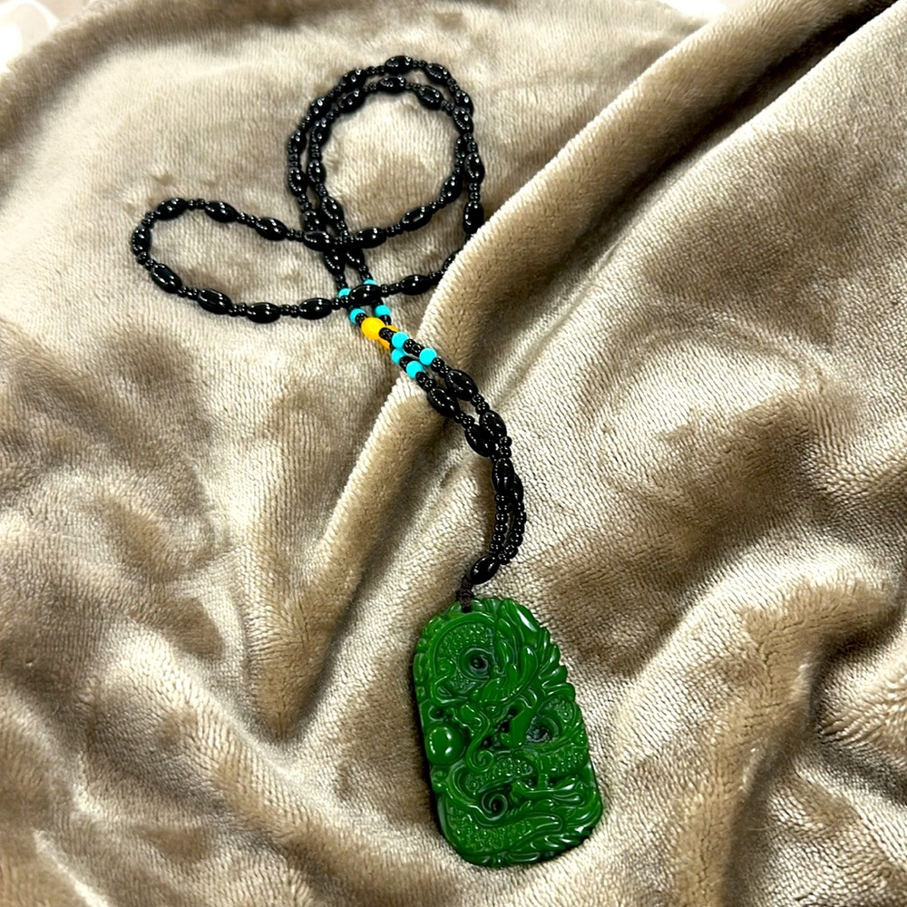 Natural green jade dragon necklace pendant handcrafted lucky talisman